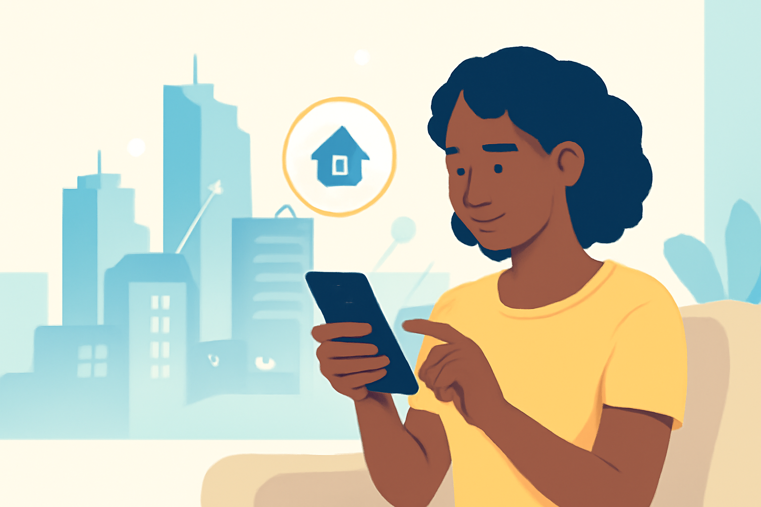 Woman using EstateChain mobile app for real estate investment