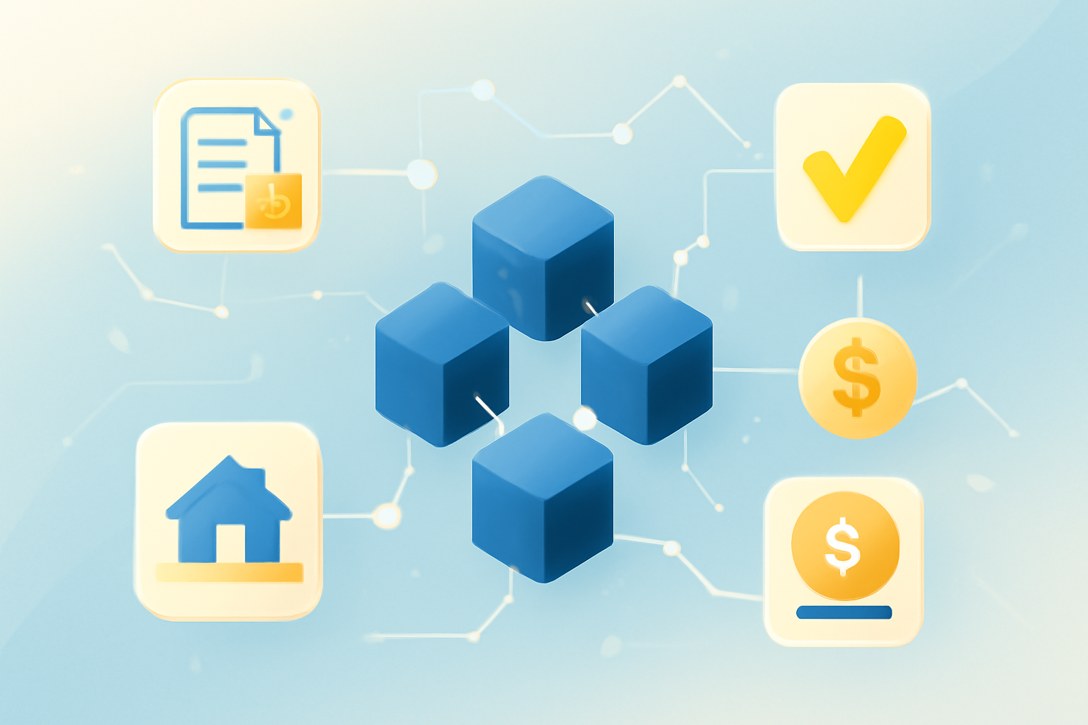Blockchain technology illustration with smart contracts and real estate elements