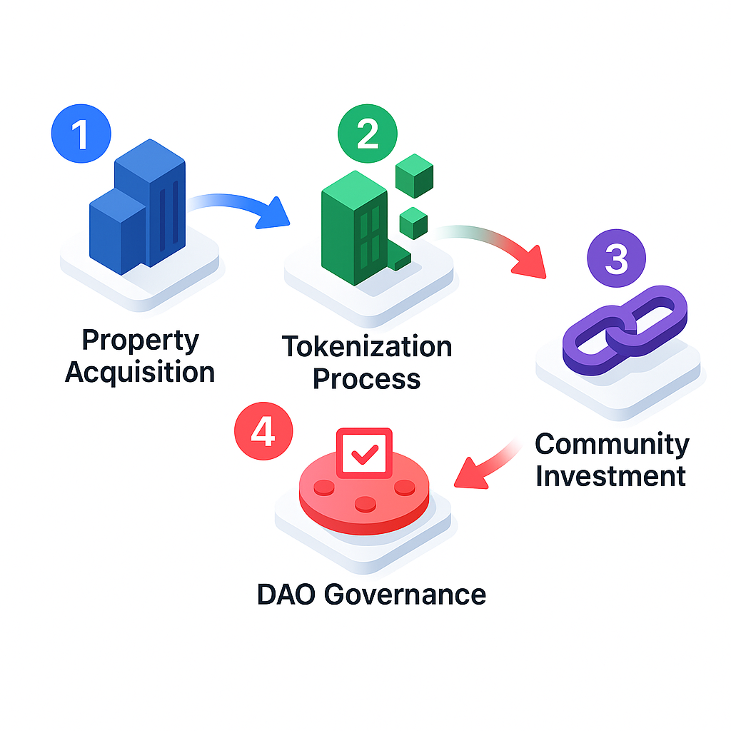 EstateChain Process Flow: Property Acquisition, Tokenization Process, Community Investment, and DAO Governance